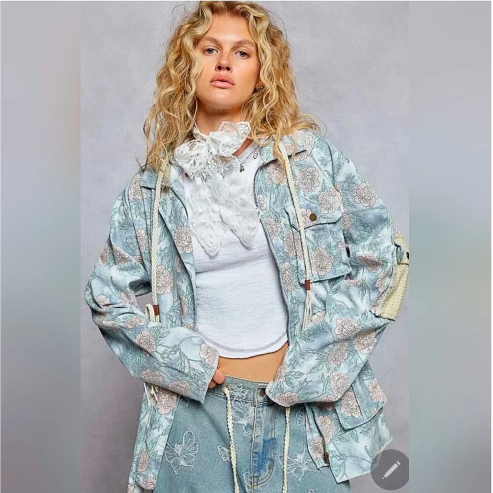 NWOT POL  Oversize Floral Patchwork Blue Women's Jacket, Sz S